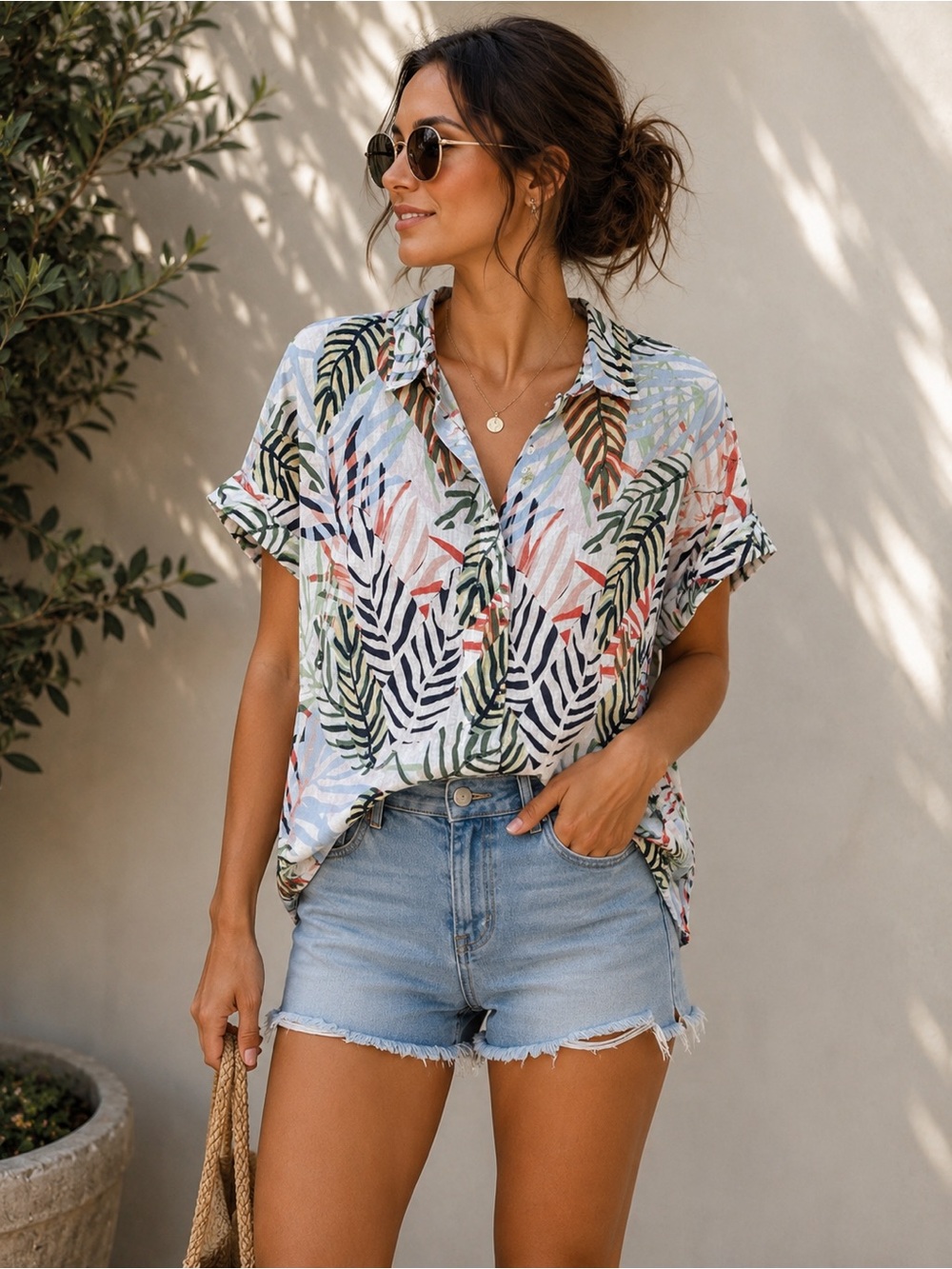 Elie Tahari Multicolor Leaf-Print Short Sleeve Button-Down Linen High-Low Top